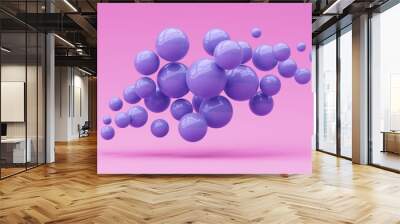 Many flying spheres on a pink background. 3d render illustration. Wall mural