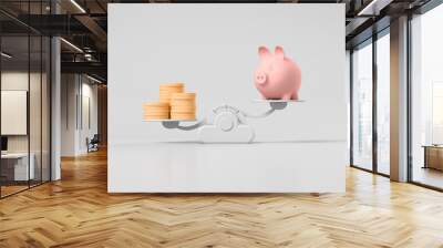 Pig piggy bank with stack of coins on scales against white background. 3d render illustration. Wall mural