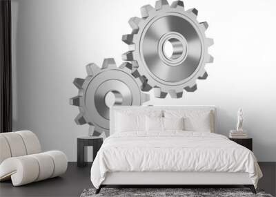 Shiny metal gears of different sizes on a white background. 3d render illustration. Wall mural