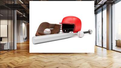 Set of baseball game equipment, baseball bat, red helmet, leather glove and baseball ball on white background Wall mural