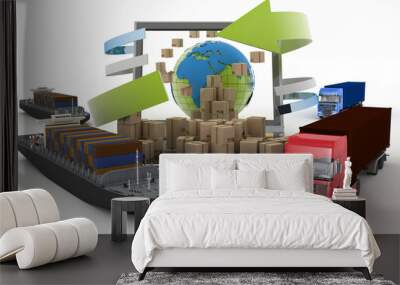 Cardboard boxes, two cargo ships and two trucks Wall mural