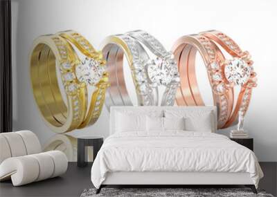 3D illustration three isolated different gold two shanks decorative diamond rings with reflection Wall mural