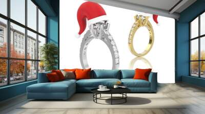 3D illustration two isolated yellow and white gold or silver solitaire engagement diamond ring in the Christmas Santa Claus hat with reflection Wall mural