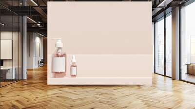 Minimal cosmetic background for product presentation. Cosmetic bottle podium on pink background. 3d render illustration. Object isolate clipping path included. Wall mural