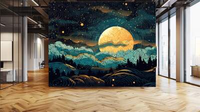 Craft a captivating digital illustration that invites viewers to embark on a celestial journey through the mesmerizing expanse of a starry night sky Wall mural