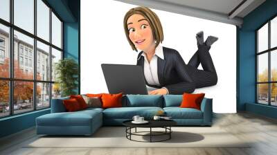 3d business woman lying on the floor and using laptop Wall mural