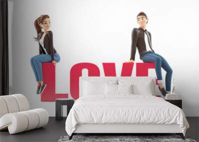 3d cartoon couple sitting on word love Wall mural