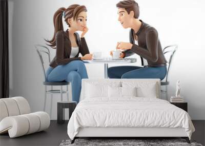 3d cartoon man and woman drinking coffee Wall mural