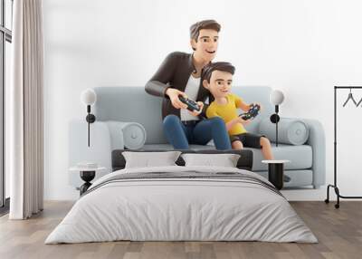 3d cartoon man playing video game with his son Wall mural