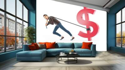 3d cartoon man pulling dollar sign Wall mural