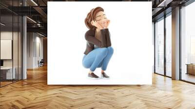 3d cartoon woman crouching and happy Wall mural