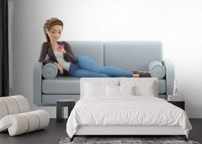 3d cartoon woman lying on sofa and looking at smartphone Wall mural