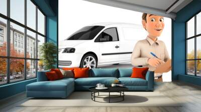 3d delivery man with notepad in front of car Wall mural