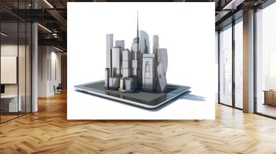 tablet with 3d city streetmap of office blocks Wall mural