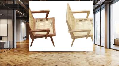 Mid-century wooden chair with woven cane backrest and seat. 3d render. Wall mural