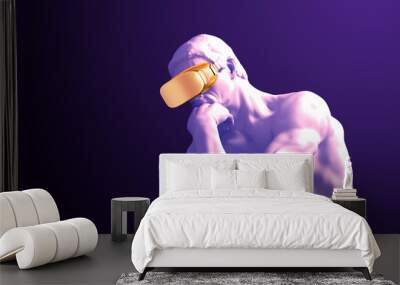 Sculpture Thinker With Golden VR Glasses On Purple Background Wall mural