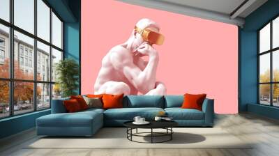 Sculpture Thinker With Golden VR Glasses Over Pink Background Wall mural