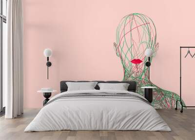 Silhouette Of Woman Consisting Of Tangled Colored Wires On Pink Background Wall mural