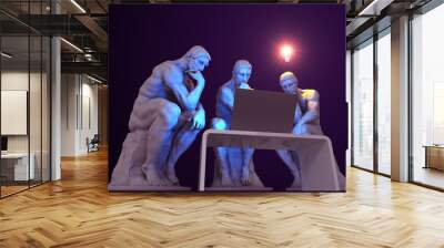 Three thinkers with a computer and one of them has a glowing light bulb above his head as a symbol of a new idea Wall mural