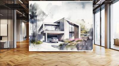 watercolored sketch of a modern minimalist house on watercolor paper, Generative AI Wall mural