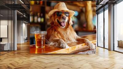 A cute dog wearing sunglasses and straw hat sitting at the bar with cocktail on table in tropical beach resort or hotel Wall mural