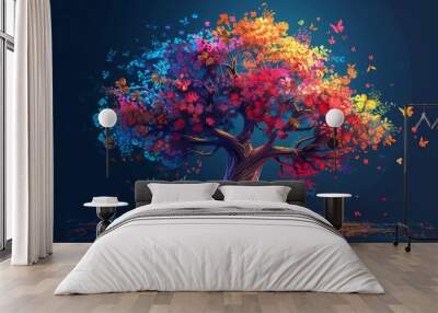 Colorful cartoon tree with colorful leaves on a dark background Wall mural