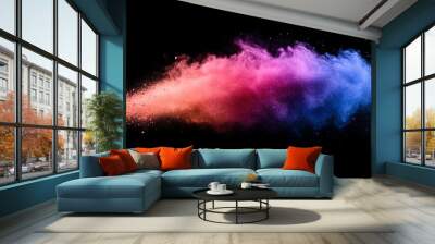 Colorful powder explosion isolated on a black background, with a colorful paint splash and pastel-colored dust in a space galaxy universe background Wall mural