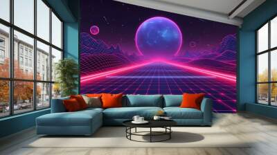 Neon colors vaporwave futuristic background. Step into a mesmerizing world of virtual, Vector cyberpunk illustration with purple grid floor. moon lite, sun lite, Wall mural