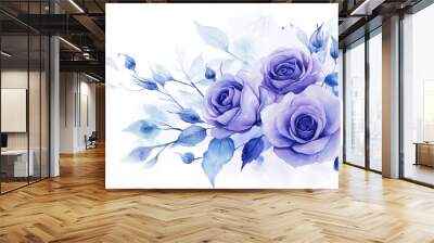 Watercolor painting of purple roses and blue leaves in a floral arrangement Wall mural