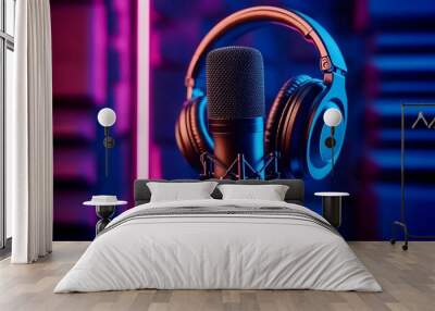 Close-up of podcast microphone and headphones in vibrant neon lights, cyan and magenta, in a professional recording studio.

 Wall mural