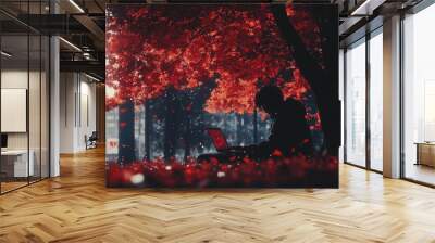 young man sitting under a tree with red leaves with his laptop Wall mural