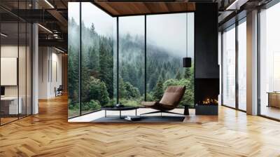 scandinavian style living room with a single chair and a large window overlooking a dense foggy forest. Wall mural