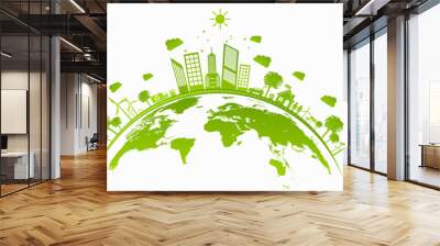 Ecology concept with green city on earth. sustainable development World environment concept, vector illustration Wall mural