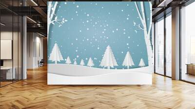 Merry christmas,Snow forest. pines in winter and mountain Paper vector Illustration Wall mural