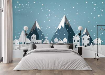 winter with homes and snowy paper art . beautiful scenery in the  design  vector Wall mural