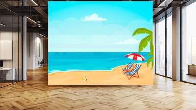 Hello summer. Relaxing scene on a breezy day, deck chair and umbrella. Wall mural