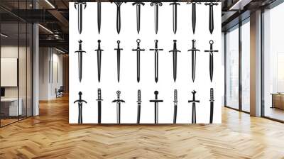 Swords in flat style and silhouettes isolated on white background. Icon set of ancient swords. Vector illustration. Medieval swords. Japanese sword katana. Military sword ancient weapon design silhoue Wall mural