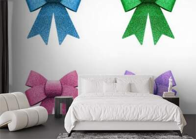 Glitter blue, green, pink and purple bow isolated on white backg Wall mural