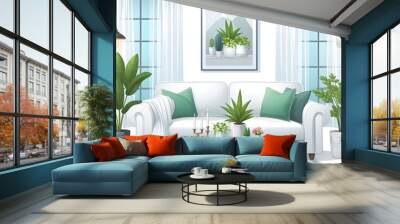 Illustration of white sofa and two plants in a white living room  Wall mural