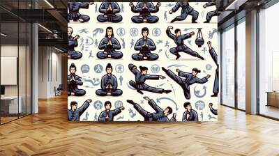 pattern with sports icons set of Kung fu player moves vector icon sheet silhouettes Wall mural