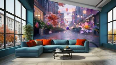 A whimsical street scene filled with vibrant flowers and lanterns, creating a dreamy and enchanting atmosphere. Wall mural