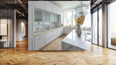 a close view of the white stylish kitchen with a cooking island in the luxurious interior of a moder Wall mural