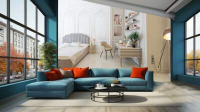 chic luxury interior in an old antique style open-plan apartment decorated with columns and stucco on the wall in pastel colors. tiles on the floor. beige walls Wall mural