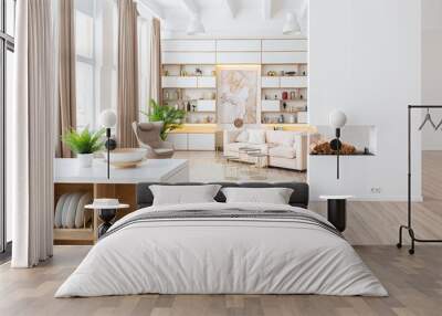 interior design spacious bright studio apartment in Scandinavian style and warm pastel white and beige colors. trendy furniture in the living area and modern details in the kitchen area. Wall mural