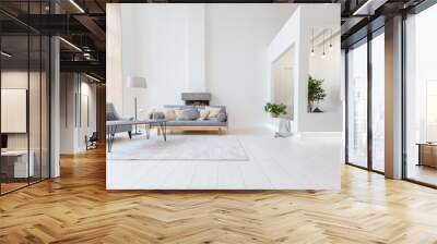 Luxury fashionable modern design studio apartment with a free layout in a minimal style. very bright huge spacious room with white walls and wooden elements. sitting area with fireplace Wall mural