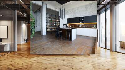 luxury studio apartment with a free layout in a loft style in dark colors. Stylish modern kitchen area with an island, cozy bedroom area with fireplace and personal gym Wall mural