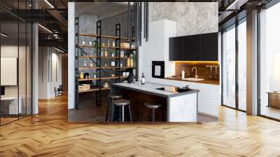 luxury studio apartment with a free layout in a loft style in dark colors. Stylish modern kitchen area with an island, cozy bedroom area with fireplace and personal gym Wall mural