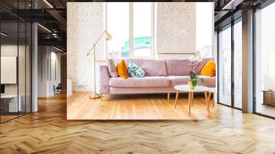 Scandinavian style apartment interior. bright yellow warm colors. wooden flooring. sunlight in large windows. Wall mural