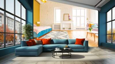 Scandinavian style apartment interior. bright yellow warm colors. wooden flooring. sunlight in large windows. Wall mural