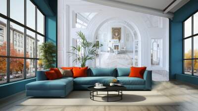 snow-white luxury apartment interior with Egyptian-style decor with light stylish furniture. huge panoramic windows and an archway. minimalism and simplicity with the elegance of modern housing design Wall mural